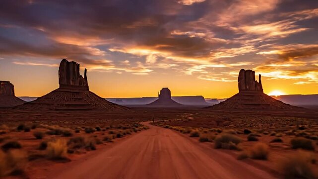 Epic scenic time-lapse of a dirt road leading to famous Monument Valley buttes at sunset with colorful clouds in the American Southwest