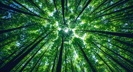 Looking up at tall trees with lush green leaves reaching the sun