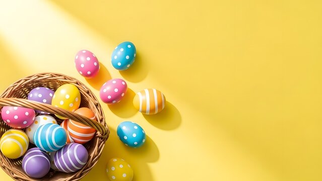 Vibrant easter eggs in wicker basket on bright yellow background for easter sunday