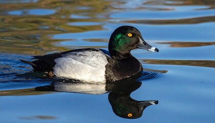 Fototapeta premium A male waterfowl floats on calm water, its plumage reflecting in the rippling surface. The bird's eye catches the light