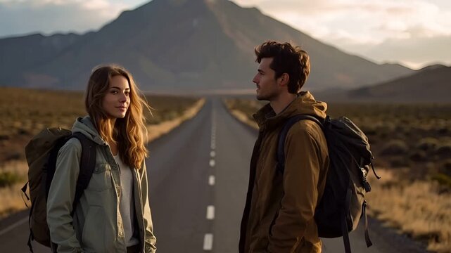 西洋のバックパッカーカップルが大きなリュックを背負い、旅先の開放的な風景の中に立つ。
温かい自然光に包まれ、自由、移動、冒険、パートナーシップの象徴となるシーン。
二人は同じ方向を見つめ、旅やライフスタイルのテーマに適した表現。