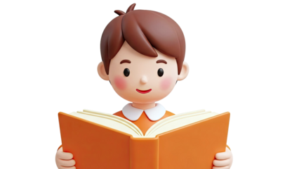 3D Cartoon Boy Reading an Orange Book