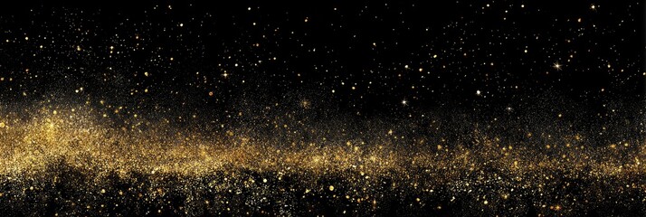 Fototapeta premium Black background sparkles with golden dust in the lower part and small scattered lights in the dark upper area