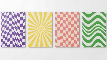 Four abstract geometric patterned panels in purple, yellow, pink, and green against a white backdrop