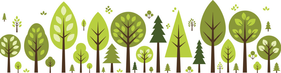 Minimalist green forest tree line vector illustration featuring a variety of stylized deciduous and coniferous trees. © NR