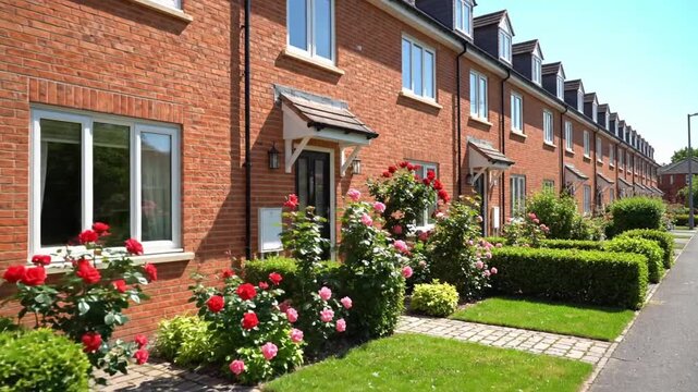 Charming row of brick houses with blooming gardens