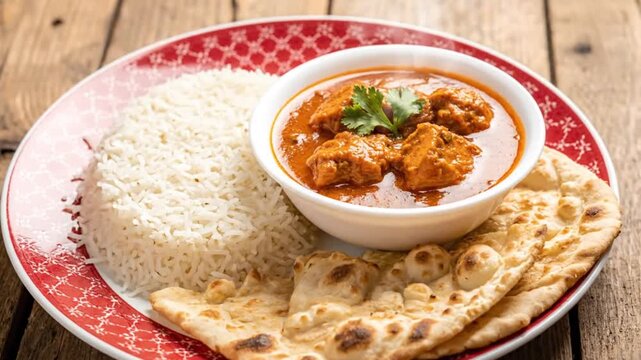 Delicious Indian Chicken Curry with Rice and Naan Bread