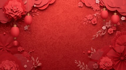 red grunge background with flowers and lenterns