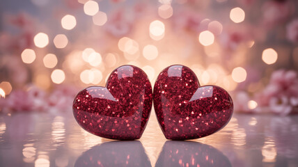 Fototapeta premium Two red glittery hearts on a shiny surface with bokeh lights