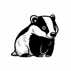 Obraz premium Hand-drawn sketch illustration of a sitting badger, detailed fur, black and white animal art. 