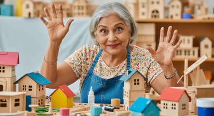Excited Senior Indian Woman Raises Hands in Surprise While Working on Miniature Model Houses.
