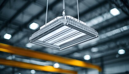 A suspended high bay LED light fixture hanging from the ceiling inside an industrial warehouse, providing bright and efficient illumination for manufacturing or storage interior spaces.