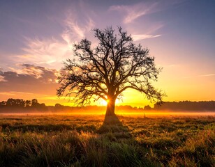 A majestic tree silhouette is centered in a vibrant sunrise over a field. The sun shines through its branches, painting the sky with colors