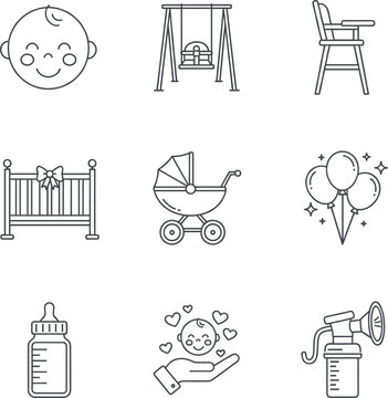 Professional baby nursery line icon set featuring stroller crib high chair and playground swing for parenting web design.