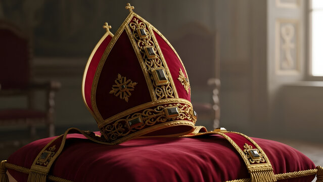 Ornate Bishop's Miter with Gold Embroidery and Jewels on a Red Velvet Cushion