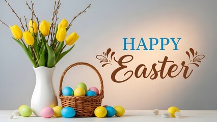 Happy easter sunday celebration with tulips and colorful eggs basket