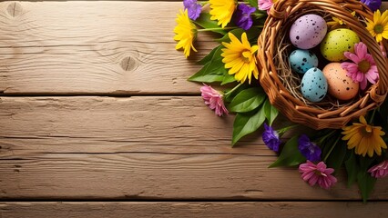 Fototapeta premium Easter sunday celebration with colorful eggs and flowers on wooden background
