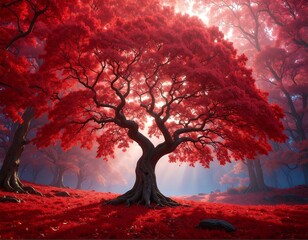 A majestic, vibrant red-leafed tree stands prominently, bathed in sunlight. Surrounded by similar trees on a red ground