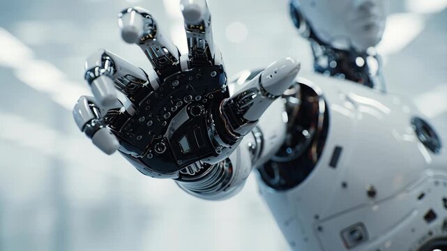 Advanced Humanoid Robot Reaching Out Its Mechanical Hand.