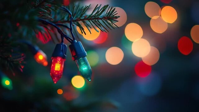 Close-up of festive red and green string lights illuminating a pine branch with bokeh