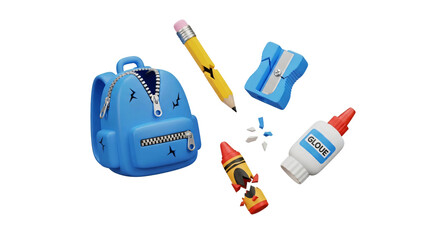Vibrant 3D School Supplies Blue Backpack Broken Pencil Crayon Sharpener Glue Bottle Playful Render.
