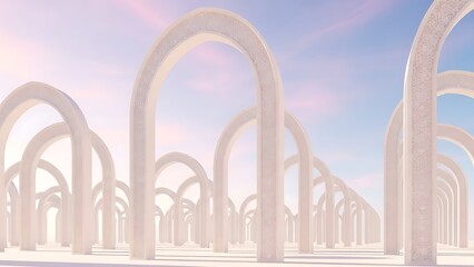 Many white arches under a pastel sky, suitable for concepts like journey, infinity, modern architecture, serenity, and travel destinations.