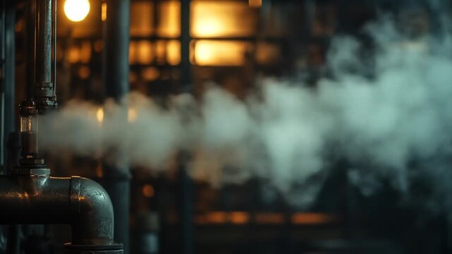 Industrial pipework emitting steam in a dimly lit, warm-toned factory or plant setting