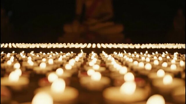 Innumerable Votive Candles Glow Warmly Creating a Serene Atmosphere and Spiritual Ambiance with a Blurred Buddha Statue in the Background Illuminated by Soft Golden Light