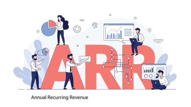 ARR (Annual Recurring Revenue) business model concept with a team analyzing subscription data, charts, and financial growth.