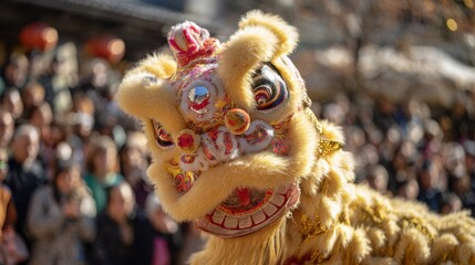 Colorful lion dance costume with intricate details is showcased during a festive celebration, surrounded by an audience in a vibrant outdoor setting with decorations