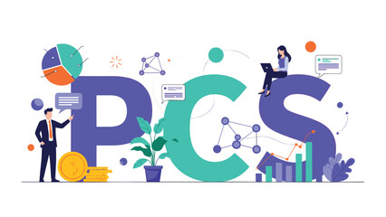 Fototapeta premium Business concept for PCS with miniature people working around the large letters, analyzing charts, graphs, and financial data.