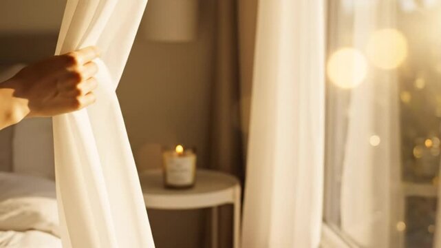 Woman's Hand Opening Sheer Curtains in Cozy Bedroom with Candle and Golden Sunlight