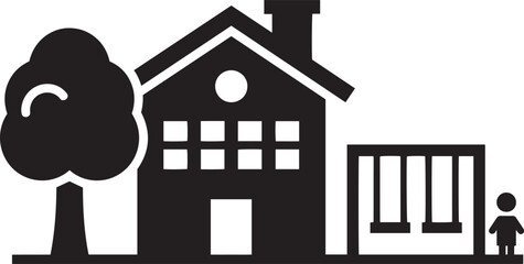 Black and white of house with tree and person simple