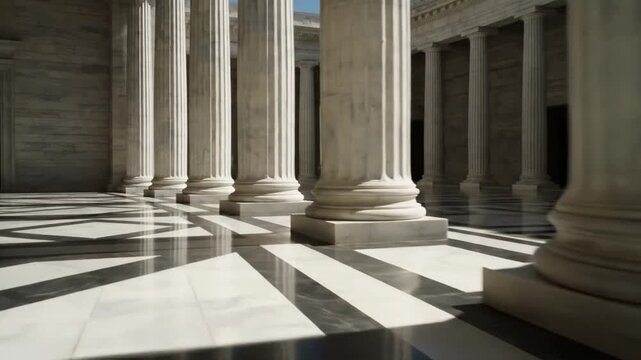 Marble pillars of the United States Supreme Court forming a classic stone colonnade inspired by ancient Greek and Roman architecture