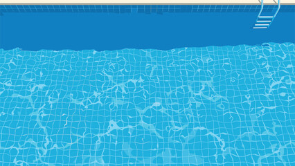 Top-down view of a bright blue swimming pool with clear water, tiled floor, and a metal ladder on the side for summer.
