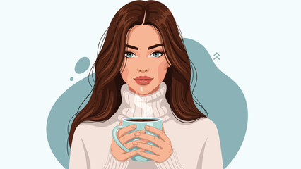 Beautiful woman with long brown hair wearing a cozy white turtleneck sweater and holding a steaming mug of coffee or hot chocolate.