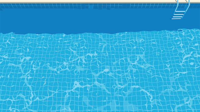 Top-down view of a bright blue swimming pool with clear water, tiled floor, and a metal ladder on the side for summer.