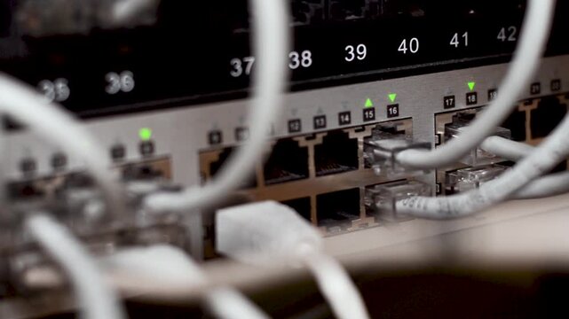 Server room rack with network cables