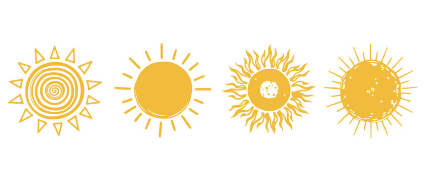 Collection of four distinct hand drawn style golden yellow sun icons featuring different ray shapes like triangles simple lines wavy flares and textured circles drawing doodle summer