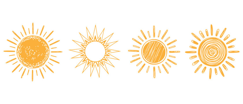 A set of four distinct hand drawn orange sun icons featuring varied scribble line art and doodle styles representing warmth and bright illumination drawing star summer weather ray celestial