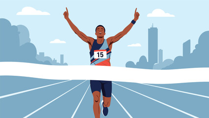 Triumphant male runner crossing the finish line with his arms raised in victory at a track and field marathon competition.