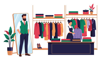 Man trying on a stylish green vest in front of a mirror in a clothing store, with a female shop assistant helping him.