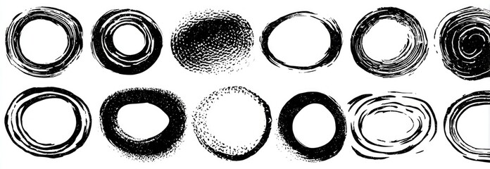 Black ink circles with textured, grunge, and brushstroke styles. Isolated on white background