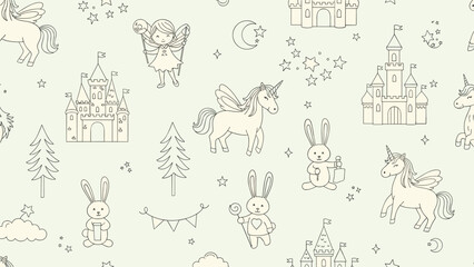 Fototapeta premium Whimsical seamless pattern for children featuring hand-drawn unicorns, fairies, bunnies, and castles on a pastel green background with stars and moons.