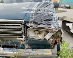 Vintage Wreckage Covered, Old Vehicle Decayed By Nature, Rusty Car Neglected And Overtaken By...