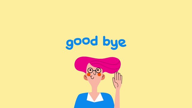 A friendly animated character with vibrant pink hair waving goodbye, expressing a warm and cheerful farewell message