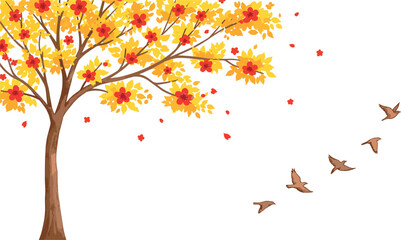 Obraz premium Vibrant autumn tree vector illustration with golden yellow leaves, red floral accents, and a flock of birds in flight.