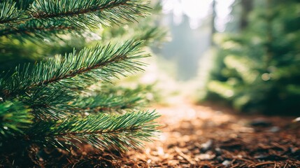 Sunlight filters through dense pine branches onto a forest path, showcasing natural beauty