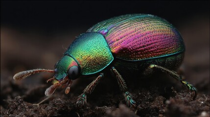 Close-up of a brilliantly iridescent beetle showcasing its metallic exoskeleton and intricate details on dark soil