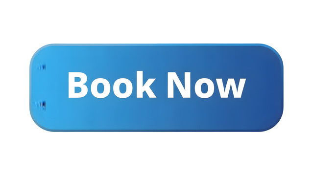 Blue button with white text saying book now isolated on transparent background